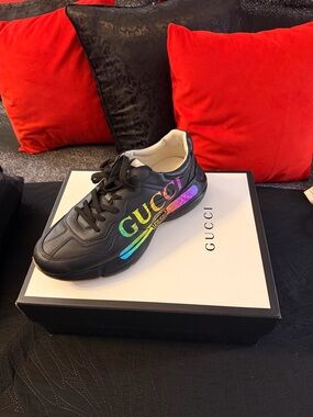 Gucci Black Leather Sneaker with White Logo Tongue Tab